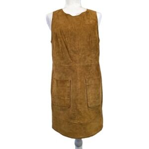 Forever 21 Shift Dress Womens Medium Tan Leather Front Pockets Knee Length Layer